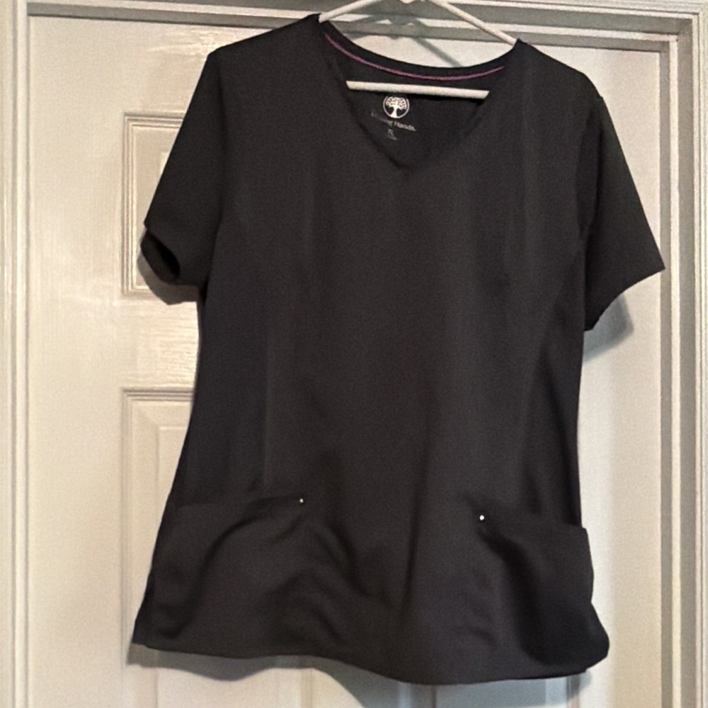 Healing Hands Women's Scrub Top XL Black Solid V-Neck Short Sleeve 2 Pocket